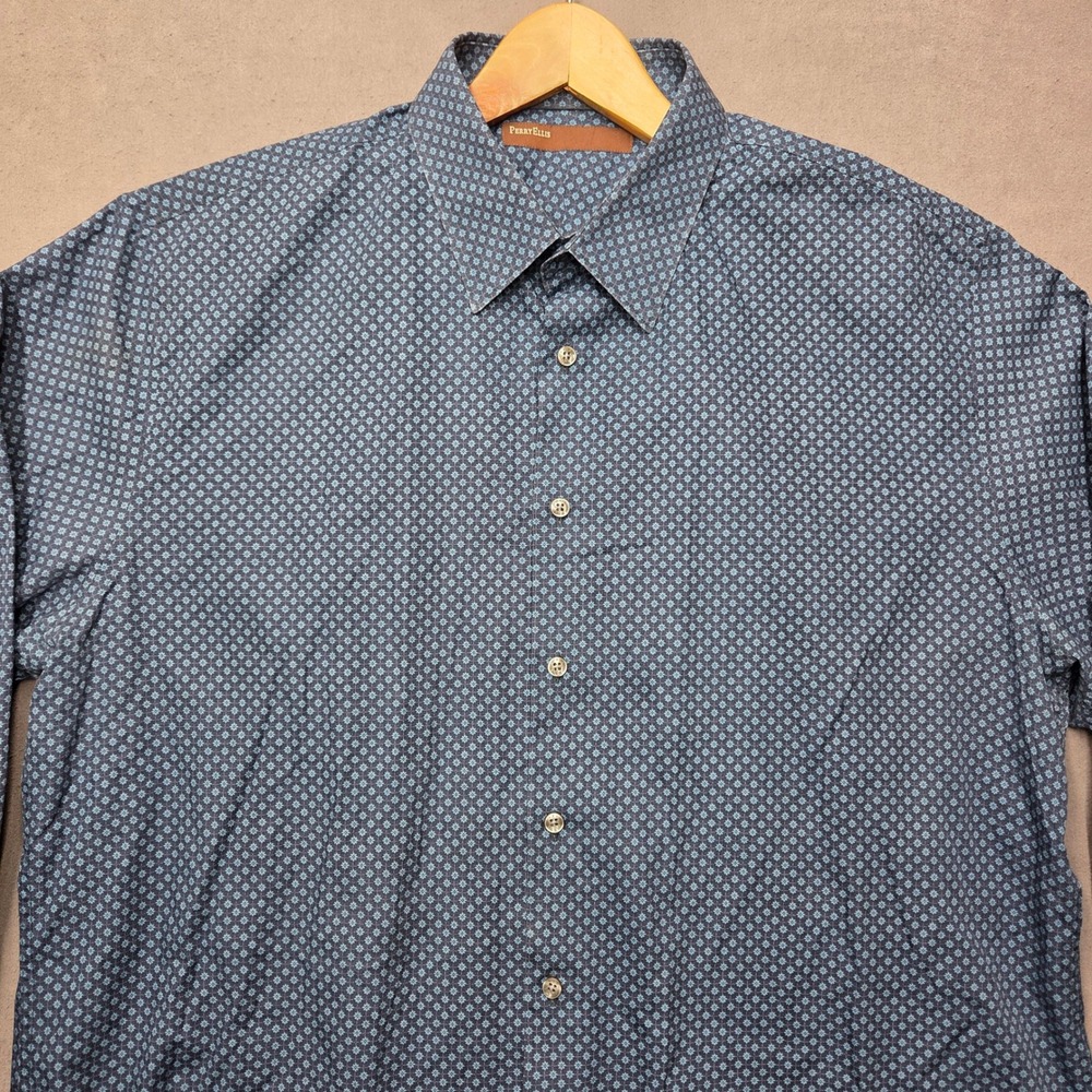 Perry Ellis Mens Navy Blue Geometric Floral Print Button Down Shirt Long Sleeve